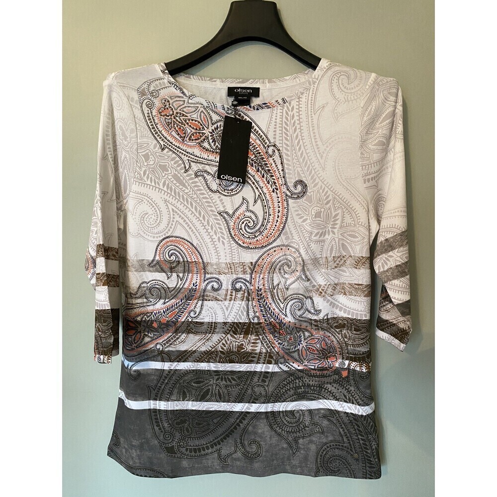 Olsen Cotton 3/4 Sleeve Large Stripe Paisley Tee Top Size M-L 12
